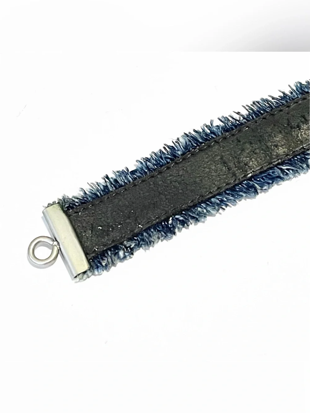 Authentic CHANEL Women Denim Wristband Leather Bangle With Hook - Worn Leather